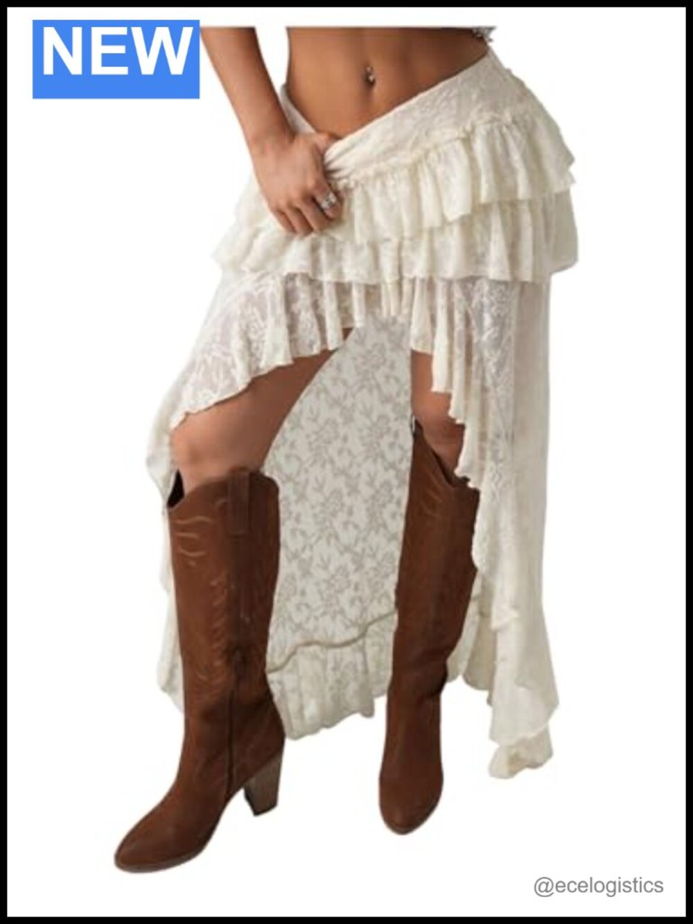 Women's Boho Lace High-Low Long Skirt Low Rise Ruffle Maxi